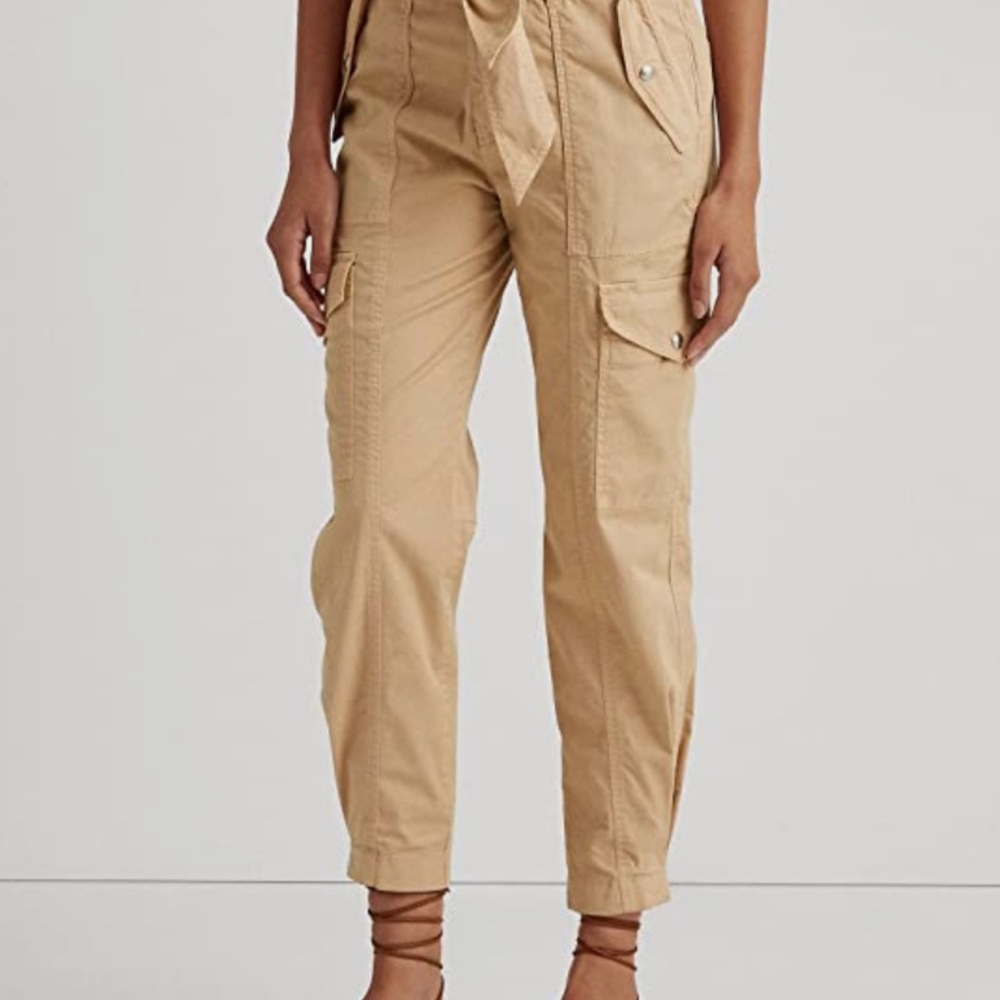 Beige Stretch Zippered Pocketed Cargo Hi-waist Ankle Tie Belt Straight leg pant